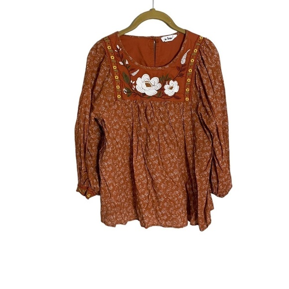 In Bloom Tops - In Bloom Orange Embroidered Floral Fall Blouse Medium